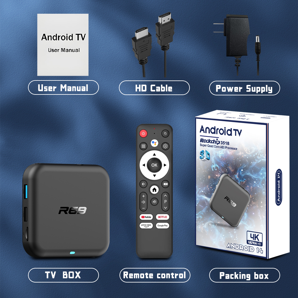 R69 RK3518 Android 14 Voice Remote TV Box 8G 16G 32G ROM 2G RAM 100M Ethernet Smart Media Player Full 4K Android Box Set Top Box