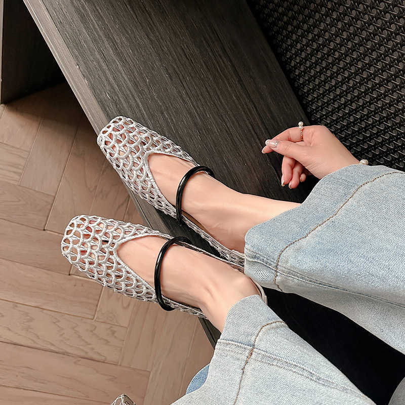 Paris Vacation French Square Toe Hollow Woven Strap Versatile Soft Surface Shallow Mouth Single Shoes For Women