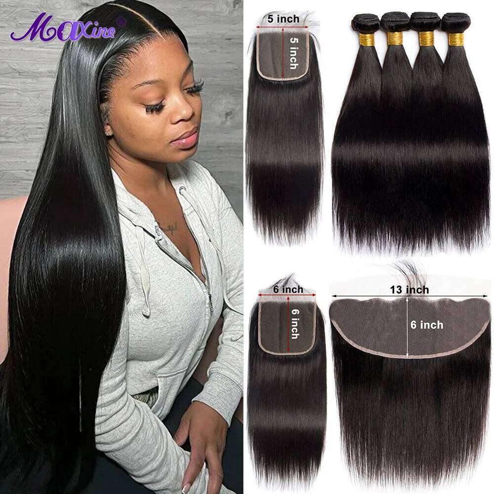 Straight Human with 5x5 6x6 Natural Black Raw Weave With 13x6 Frontal Closure And Bundles Hair