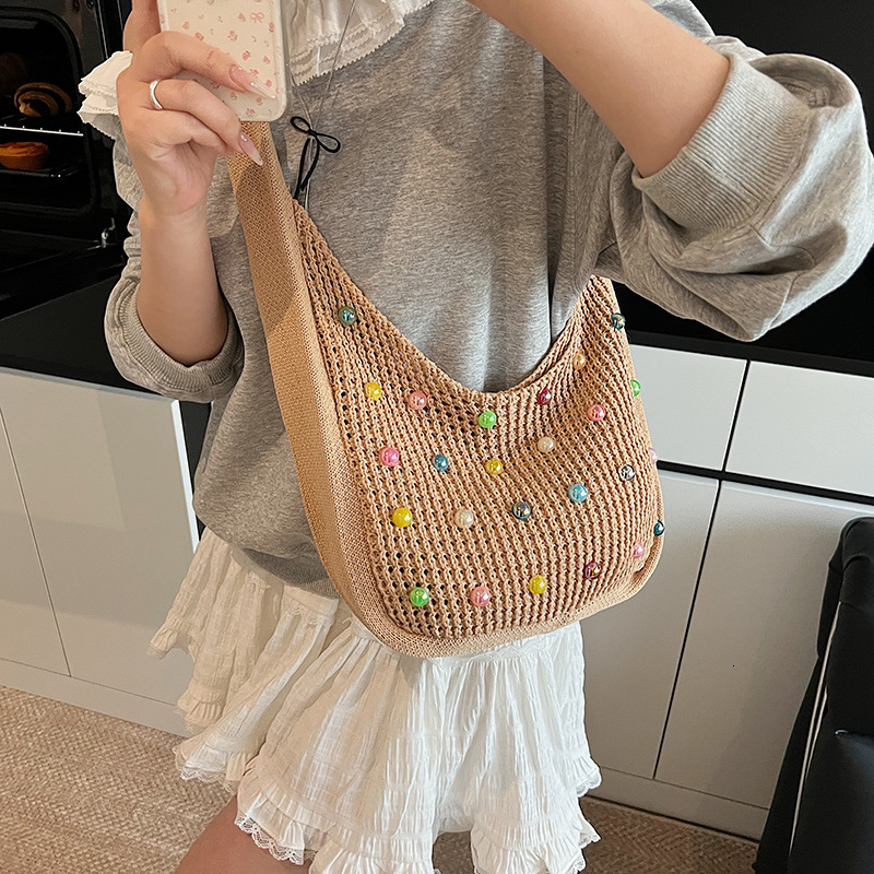 designer 2025 Trendy New Lazy Style Woven Women's Bag Large Capacity Versatile Knitted Bag Pearl Hollow Underarm Shoulder Bag for Women