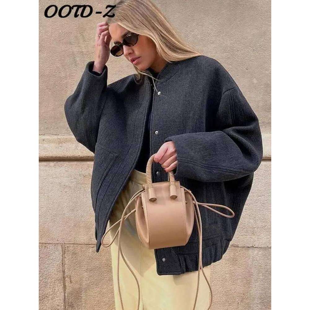 Loose Bomber Jacket For Women 2024 Spring Long Sleeve Pocket Coats Female Stand Collar Single Breasted Street Outerwear
