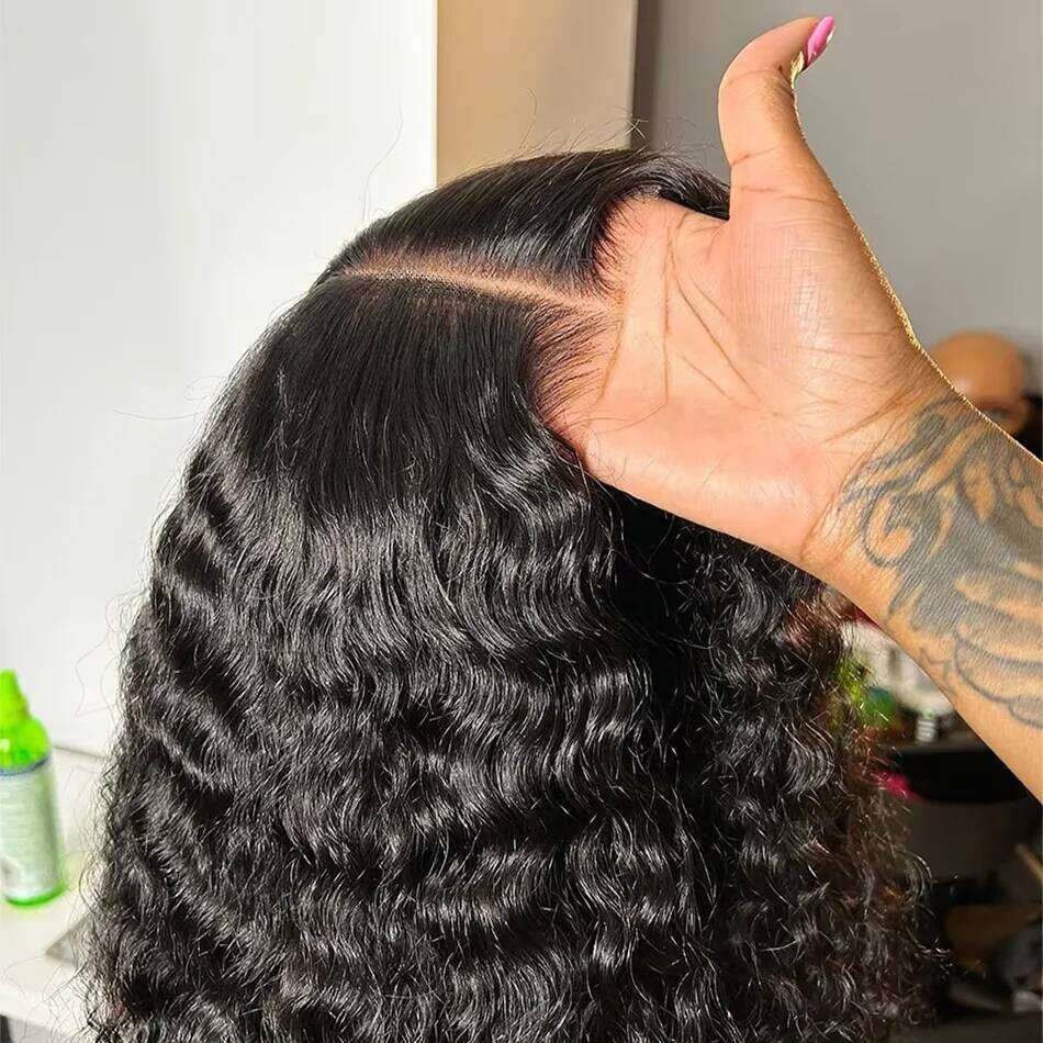 Water Pre-Cut Lace Pre-Plucked Natural Black Deep Wave Wear and Go Glueless Curly Human Hair Wig For Women