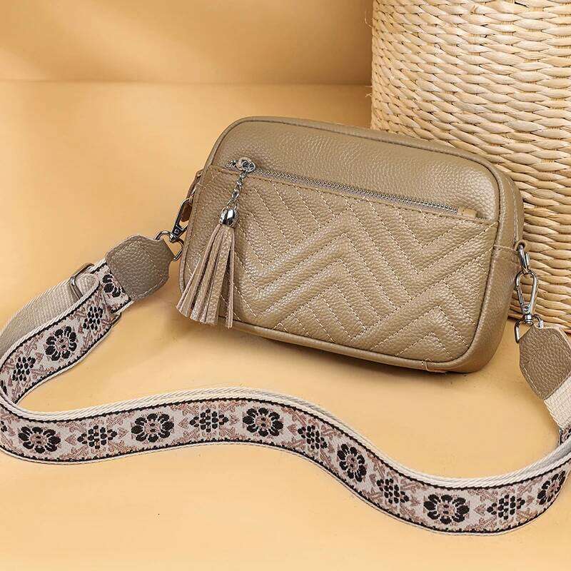 Fashion Wide Strap Crossbody Daily Commute Genuine Leather Handbag For Women Multi Compartment Zipper Shoulder Bag