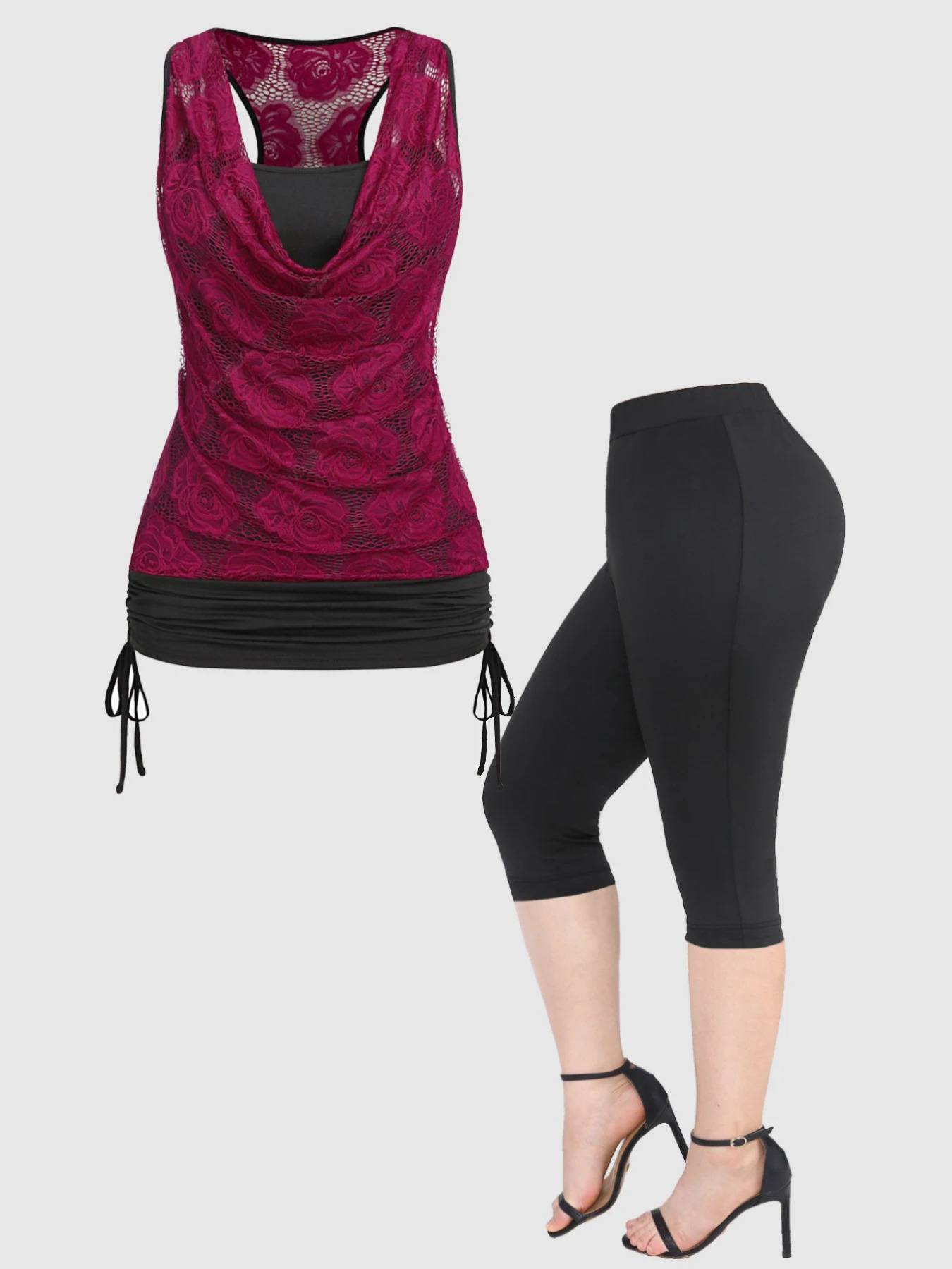 Womens Plus Size Two Piece Set Sleeveless Drawstring Fitness Matching Ruched Cowl Neck Lace Hollow Out Top and Mid Pant 250603