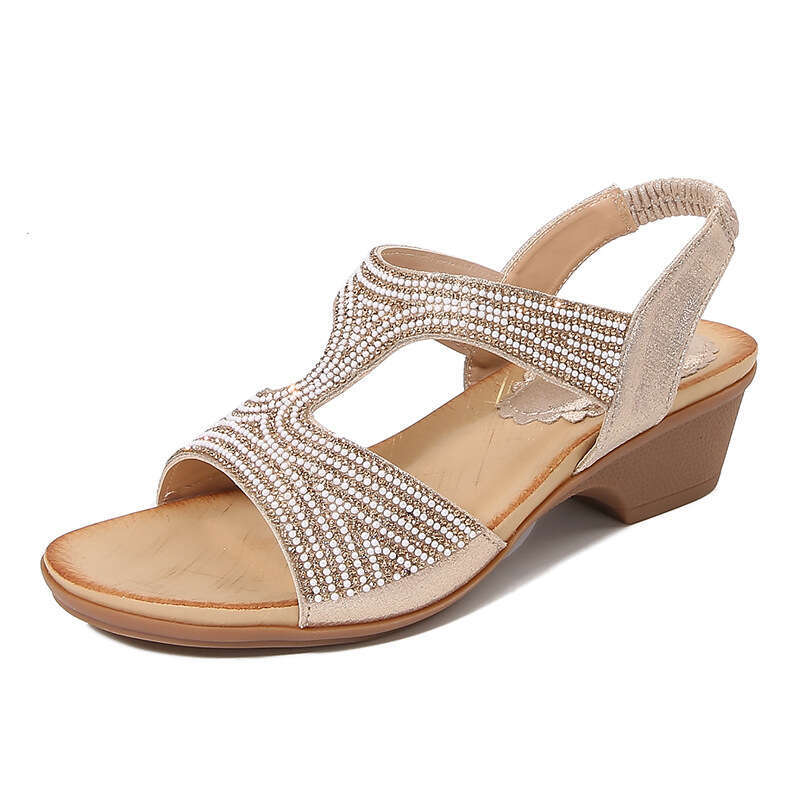 2025 Ladies Bohemian New Fashion Rhinestone Sandals Korean Style Thick Sole Wedge Women's Shoes