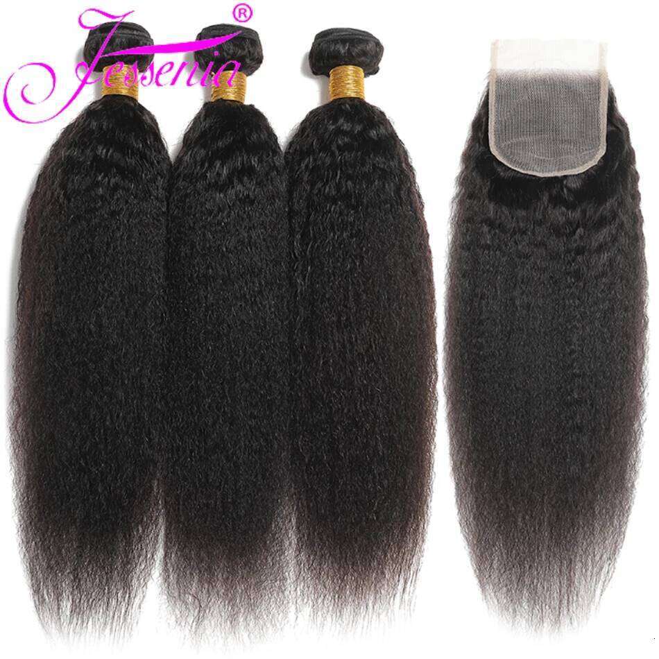 Kinky 13X4 Raw Indian Yaki Straight Human Hair 4*4 Lace Closure Bundles With Frontal