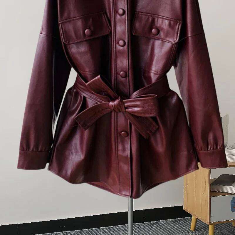 New Mid Women Faux PU With Belt Black Wine Red Casual Lapel Single-breasted Long Sleeve Fake Leather Jacket