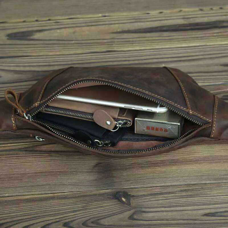 Luufan Crazy Horse Leather Men's Mini Travel Fanny Chest Pack Cowhide Belt Male Small Waist Bag For Phone Pouch