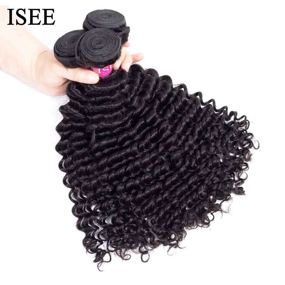 ISEE HAIR 100% Human 3/4 Extension Brazilian Deep Wave Hair Weave Bundles