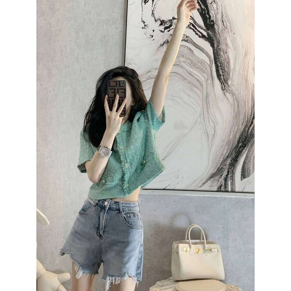Vintage Fragrant Short Sleeve Jacket Women's Spring/Summer New Versatile Fashion Tweed Greent Coat