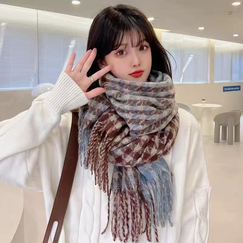 T922 plaid scarf for women autumn and winter Japanese retro high-end thick warm neck scarf tassel versatile student trend