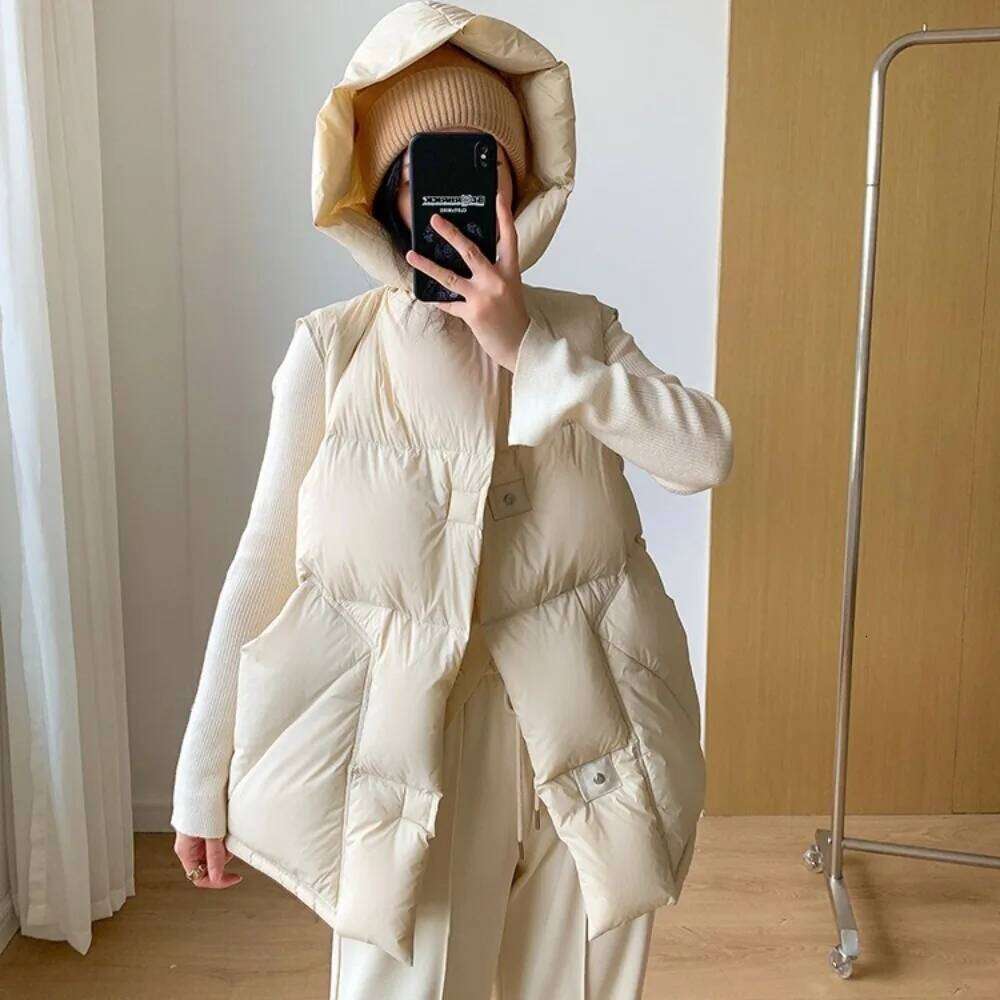 Autumn Winter Hooded Waistcoat Woman Down Sleeveless Jacket Warm Streetwear Pockets Oversize Puffer Coat Outerwear