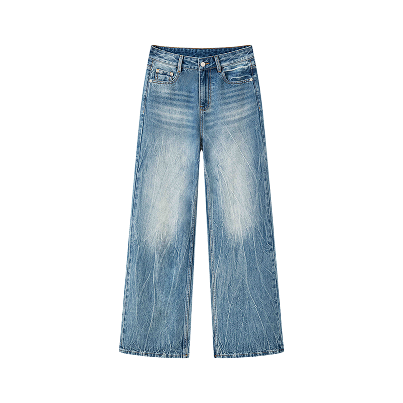 Slim waist cobalt blue ladies jeans, loose cut, soft fabric wide-leg pants. Wear comfortable YKK zipper wide-leg pants K70542