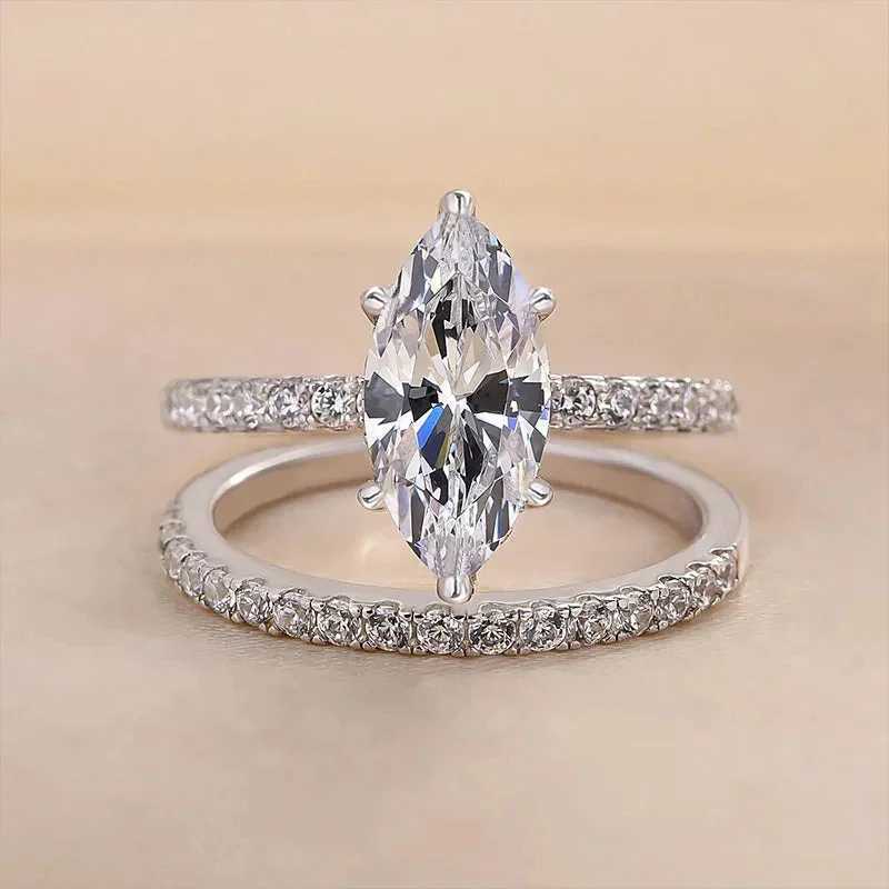 CAOSHI 2Pcs/Set Luxury Wedding Rings for Women Bright Marquise Zirconia Finger Jewelry Gorgeous Fashion Silver Color Accessories W250609 W250609