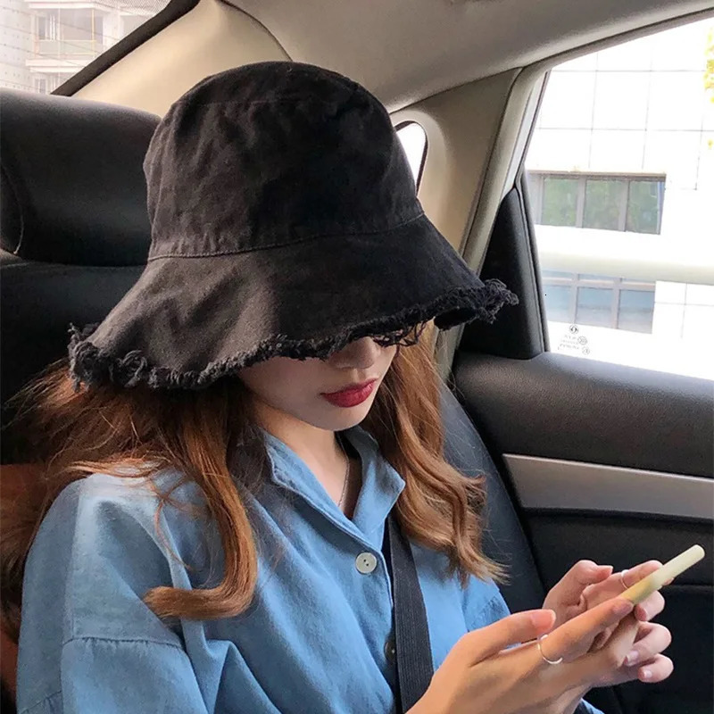 Summer Casual Wide Brim Cotton Bucket Hat Unisex Frayed Edge Bucket Hat Foldable Fisherman Hat Beach Vacation Travel 250606