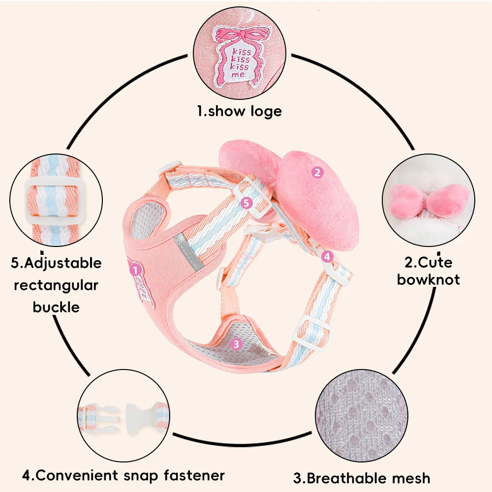 Cute Bow Dog Harness and Leash Set Summer Breathable Mesh Vest for Small DogsCats Adjustable NoPull Reflective Pet Harness 250609