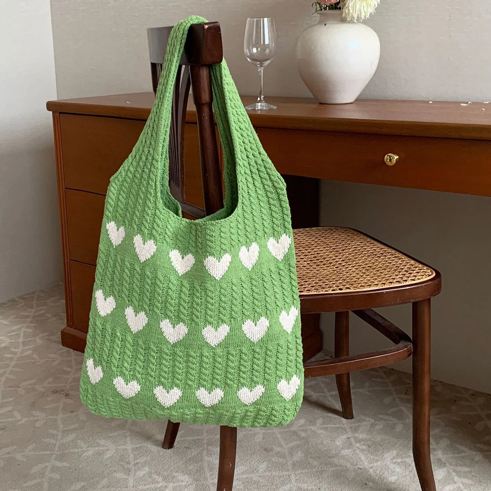 Heart Print Hollow Knitted Handbags Large Capacity Shoulder Bag Woven Beach Purses Fashion Casual Shopping Women Gifts 250523