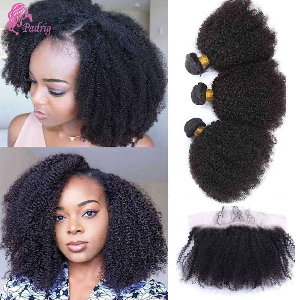 2/3PC Mongolian Afro Kinky Curly Human Hair Bundles With 13x4 Transparent Lace Frontal 12A Virgin Double Weft Extension 100g/PC