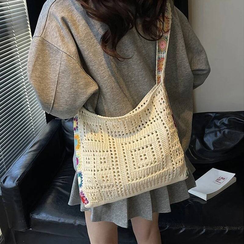 Large Capacity Boho Tote Bag Trendy Floral Crochet Vintage Multicolor Cut-out Knitted Handbag Fashionable Hollow out