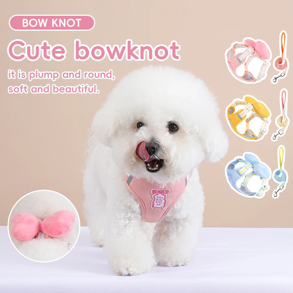 Cute Bow Dog Harness and Leash Set Summer Breathable Mesh Vest for Small DogsCats Adjustable NoPull Reflective Pet Harness 250609