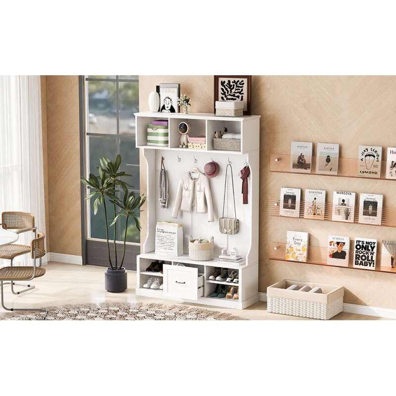 U-Can 57'' Hall Tree with 6 Hooks, Coat Hanger, Entryway Bench, 3-in-1 Design, A Spacious Drawer for Entrance, Living Room