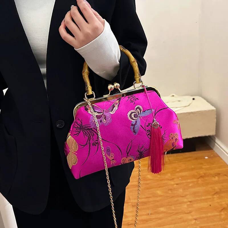 Retro Bamboo Handle Handbag Designer Embroidery Women Dumpling Satchel Fashion Nylon Crossbody Bag Lady Shoulder Bags