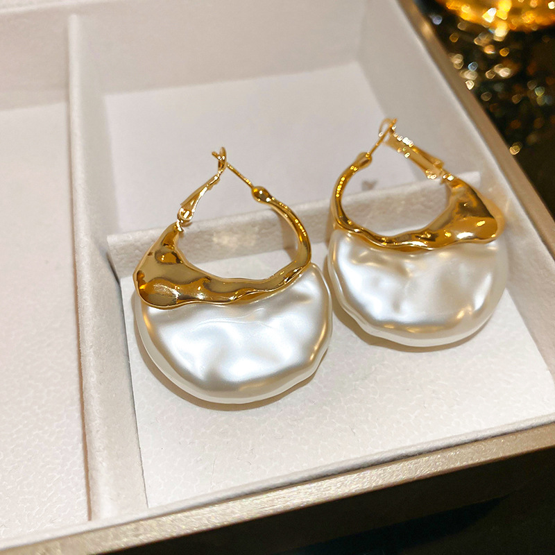 Elegant Geometric Hoop Earrings with Faux Pearl Gold Tone Metal Sterling Silver Needles French Inspired Minimalist Statement Jewelry for Women