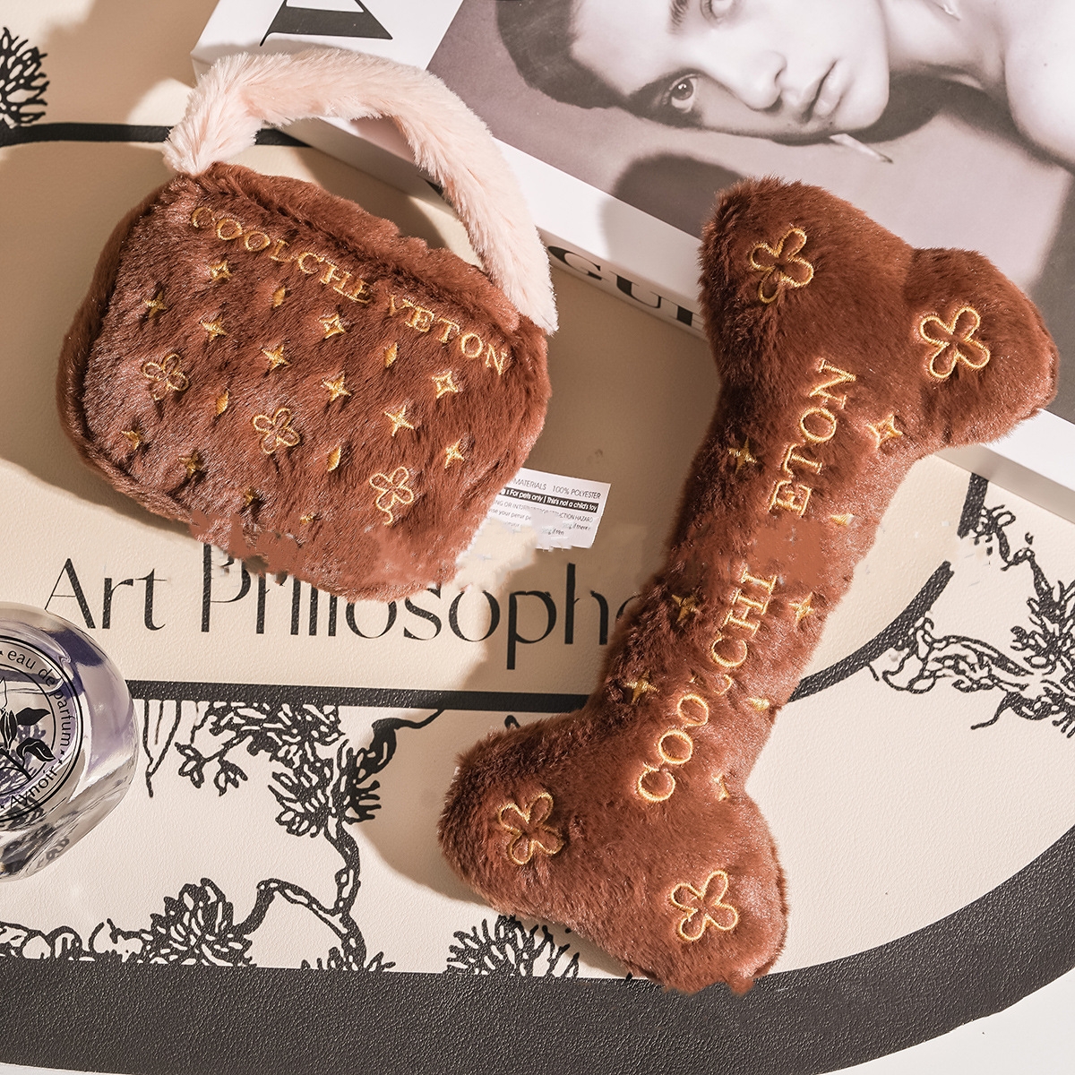 Lanjia Exquisite Embroidery Chewy Bone Handbag Plush Funny Parody Dog Toys With Interactive Squeaker Stimulating Pet Enrichment Safe Materials For All