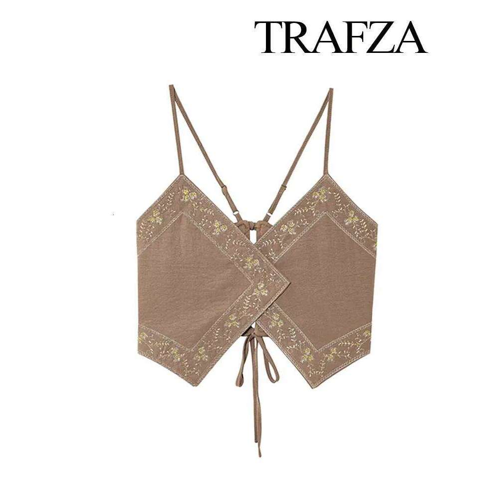 Female Summer Sexy Sling Light Brown V-Neck Sleeveless Embroidery Lace-Up Decoration Women's Fashion Short Tops