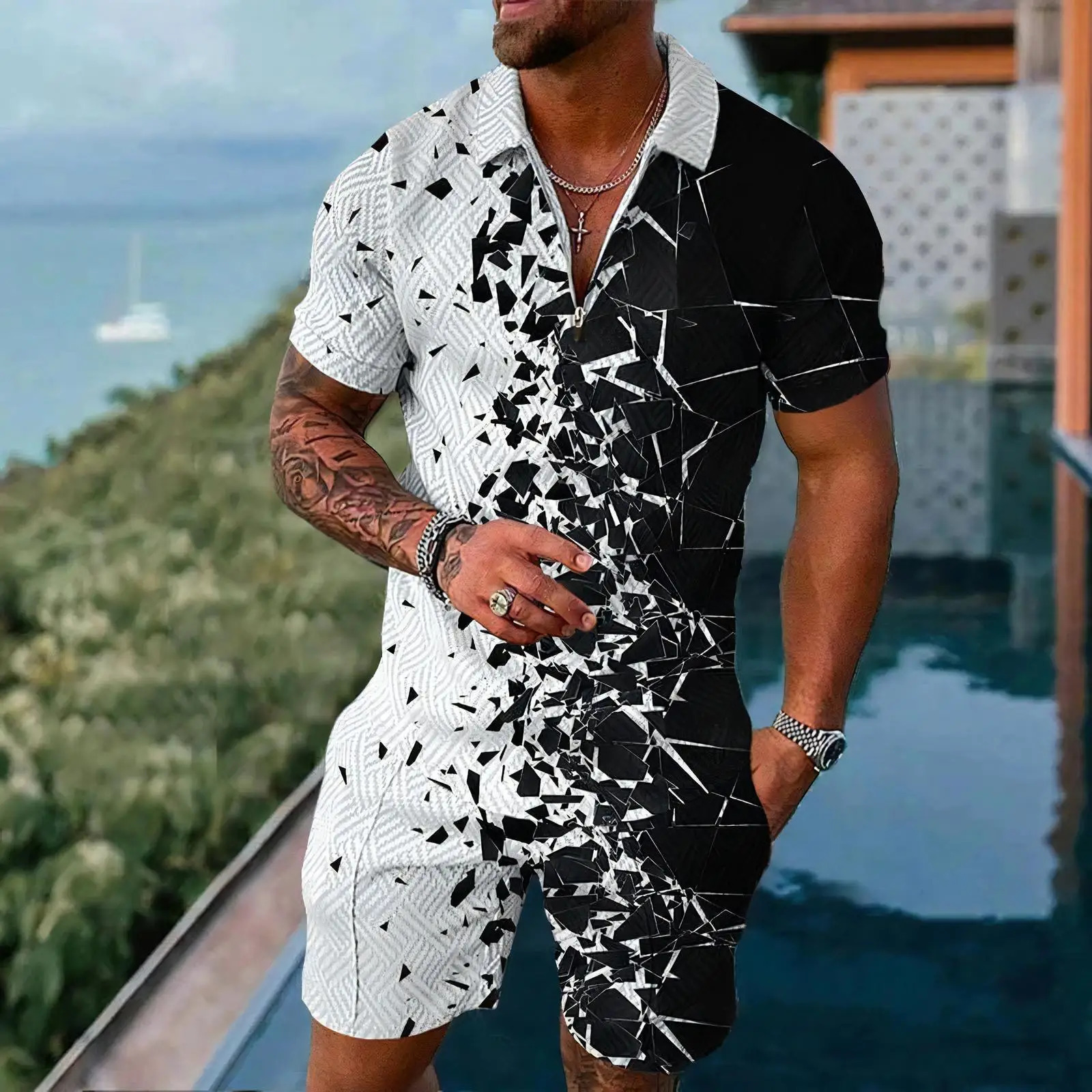 Gold Pattern Mens Polo Shirts Set Summer Short Sleeve Zipper Shirt Shorts 2PCS Suits Men Casual Sportswear 250530