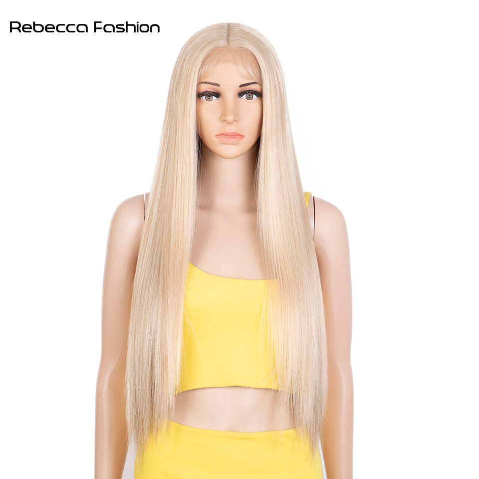 Rebecca Fashion Synthetic Blue Highlights Colors Straight Wig Middle Part Lace Wigs For Black Women Heat Resistant Cosplay