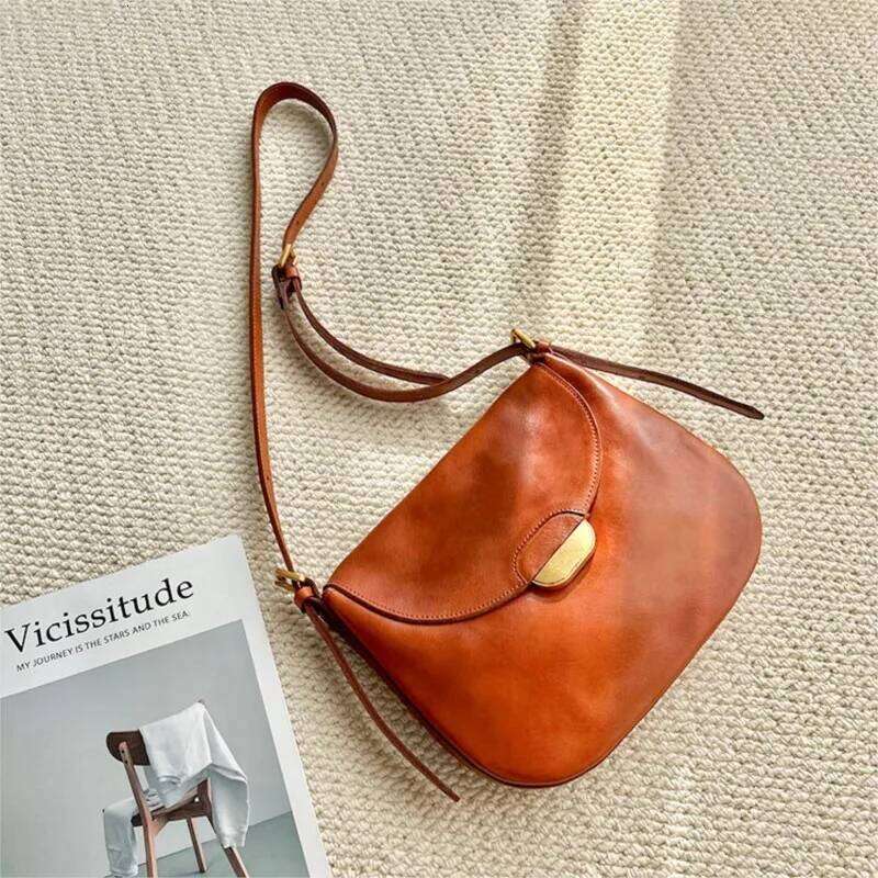 Johnature Natural Soft Cowhide Women's Saddle Bag 2025 New Retro Handmade Genuine Leather Solid Color Shoulder & Crossbody Bags
