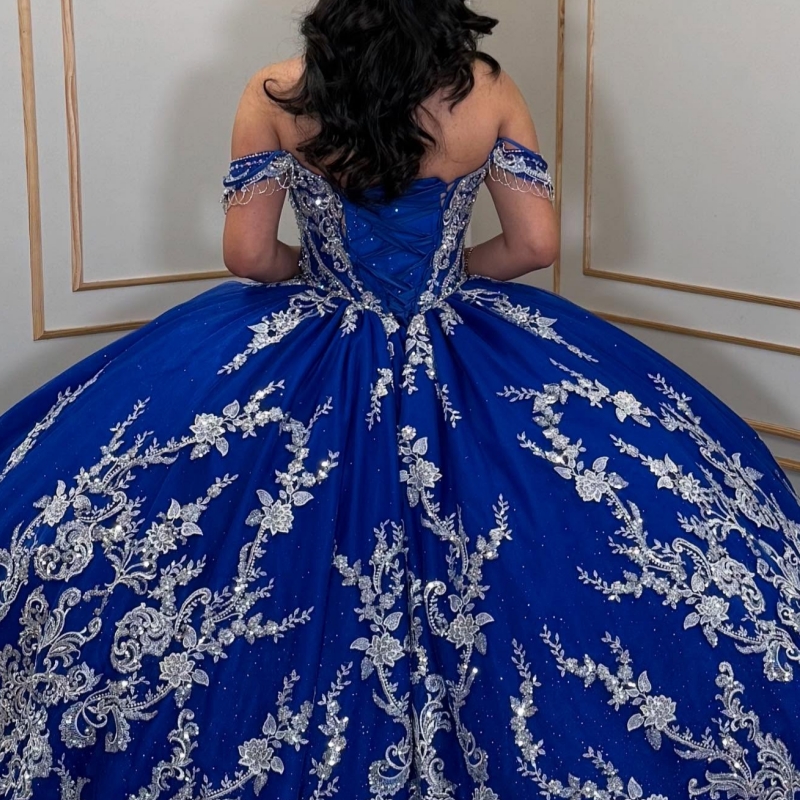 Royal Blue Quinceanera Dresses Ball Gown Off The Shoulder Applique Lace Beads Tull Sweet 16 Dress Vestidos 15 De Anos