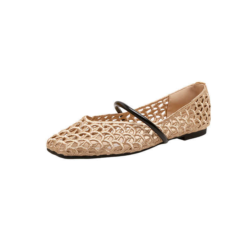 Paris Vacation French Square Toe Hollow Woven Strap Versatile Soft Surface Shallow Mouth Single Shoes For Women