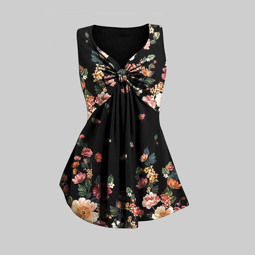 Floral Printed Casual Women Plus Size TwoPiece Set Knotted Ruched Vneck Sleeveless Summer Vest Tee And Slim Yoga 5Point Pants 250603