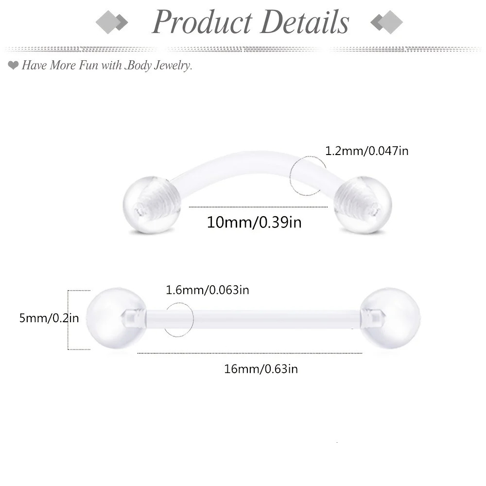 5Pcs48Pcs Clear Nose Ring Bioflex Stud Retainer Eyebrow Navel Piercing Body Jewelry Acrylic For Men and Women 250606