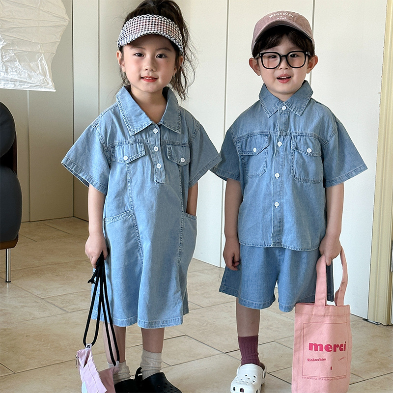 Childrens Summer Denim Set Boys 2025 New Summer Outfit Baby Stylish Girls Dress Casual Brother Sister Outfit