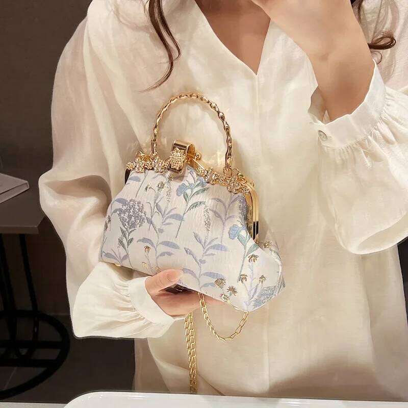 Chinese Style Flower Print Dinner Evening Bags Retro Fashion Metal Handle Handbags Banquet Party Chain Shoulder Bag Small Clutch