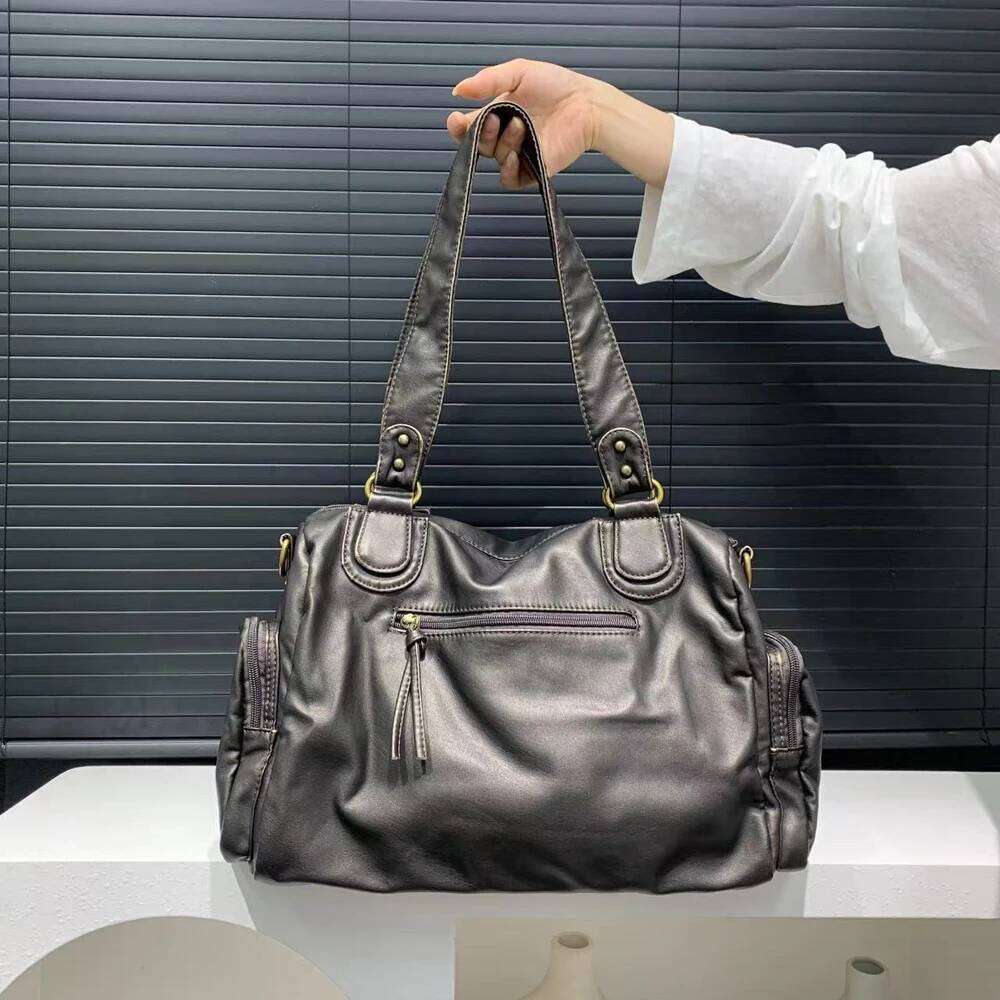 Annmouler Large Capacity Handbag PU Leather Shoulder Y2k Soft Motorcycle Retro Tote Bag For Women