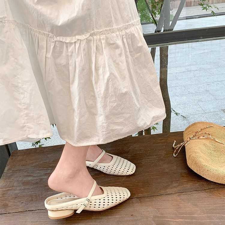 Versatile Square Toe Woven Hollow Out Mules For Women One Strap And Chunky Heel
