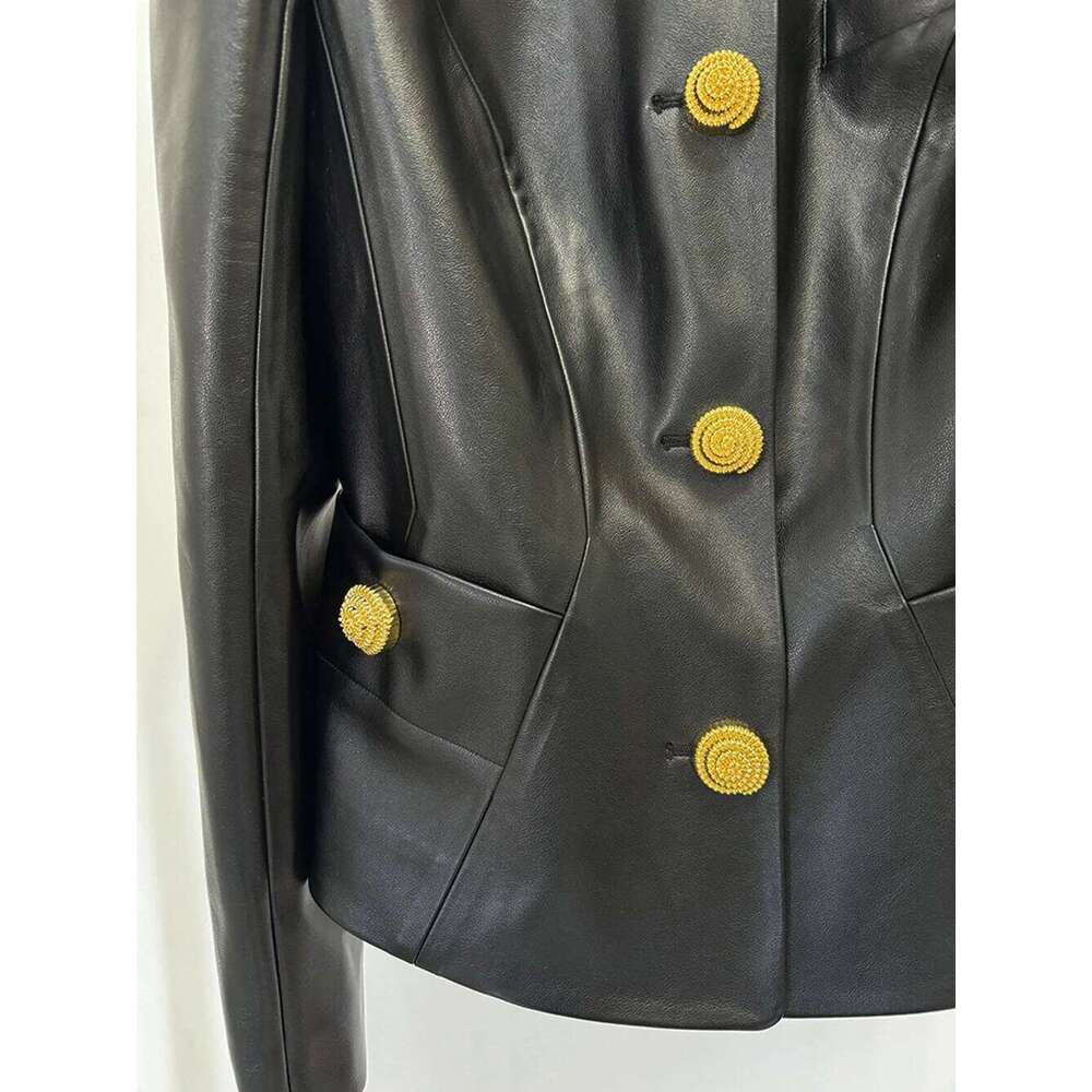 Modphy 2025 New Women'S Black Pu Leather Shiny Shrug Slim Small Suit High Quality Y2K Button Decorated Fashion Jacket