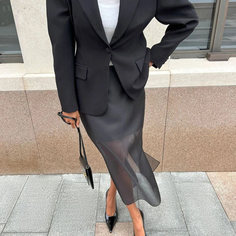 Tornova Black Mesh Skirts For Women Double-layer Sexy Perspective High Waist Slit Hip Skirt Female Thin Loose Summer 250529