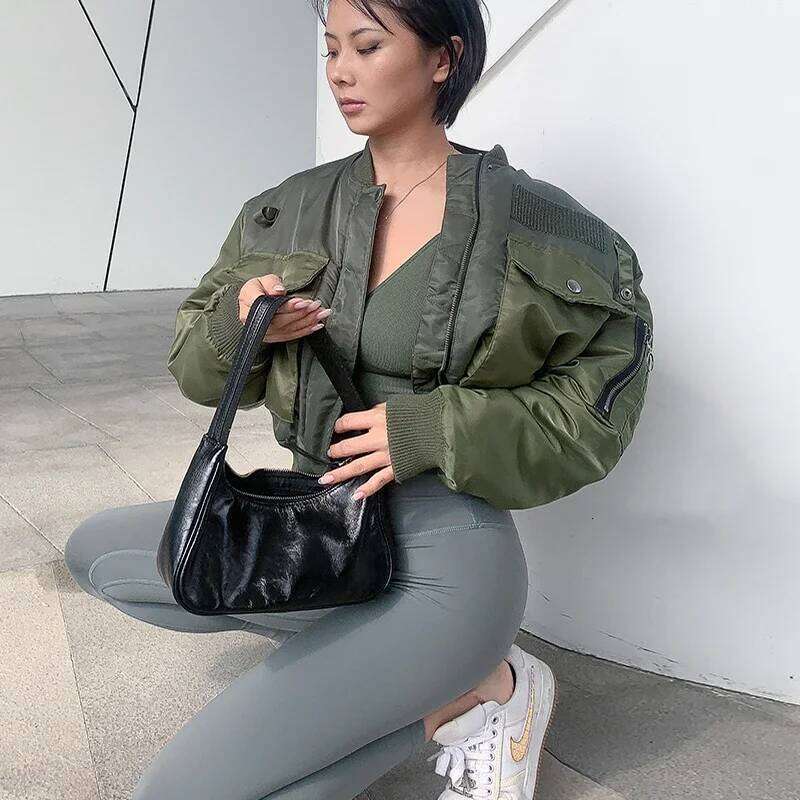 Autumn Winter Cropped Bomber Jacket Women Long Sleeve Zipper Patchwork Outerwear Casual Loose Army Green Aviator Quilted Coats