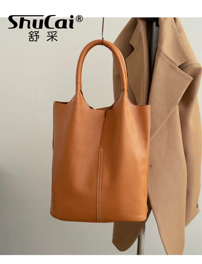 Genuine Leather Tote Bag Simple Ladies Soft Cowhide Tote Shoulder Handbag Large Capacity Women Bucket Bag 250523