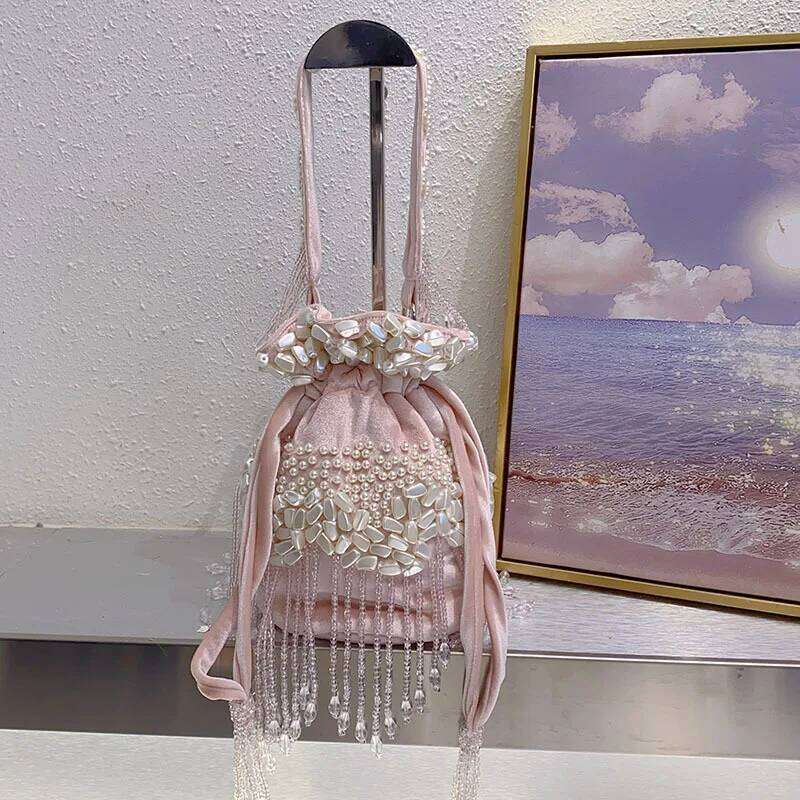 Pink Beads Beading Tassel Handmade Satin Bucket Glitter Dias Pearl Beaded Women's Handbag Lady Purse Female Shoulder Bag