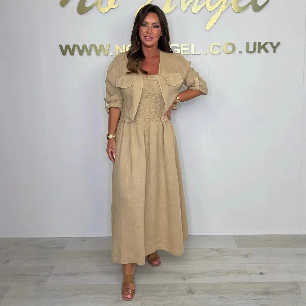 Spring Summer Casual Dress Set Women Elegant Office Lady Cardigan Short Jacket Strap Elastic Cotton Linen Dress 2 Piece Outfit 250606