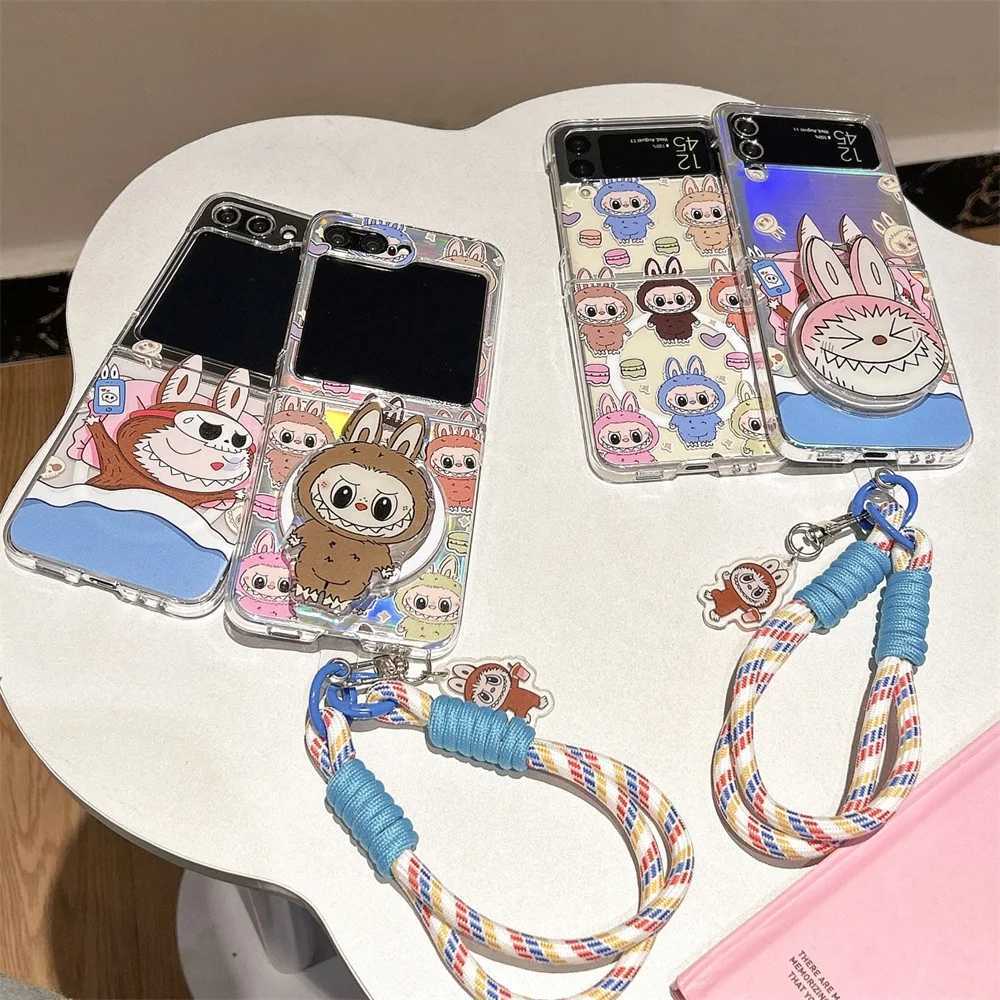 4 in 1 Labubu Magnetic Phone Case for Galaxy Z Flip 7 6 5 4 3 Zflip6 Z Flip5 Cover with Magnetic Bracket Strap PendantXJ250609