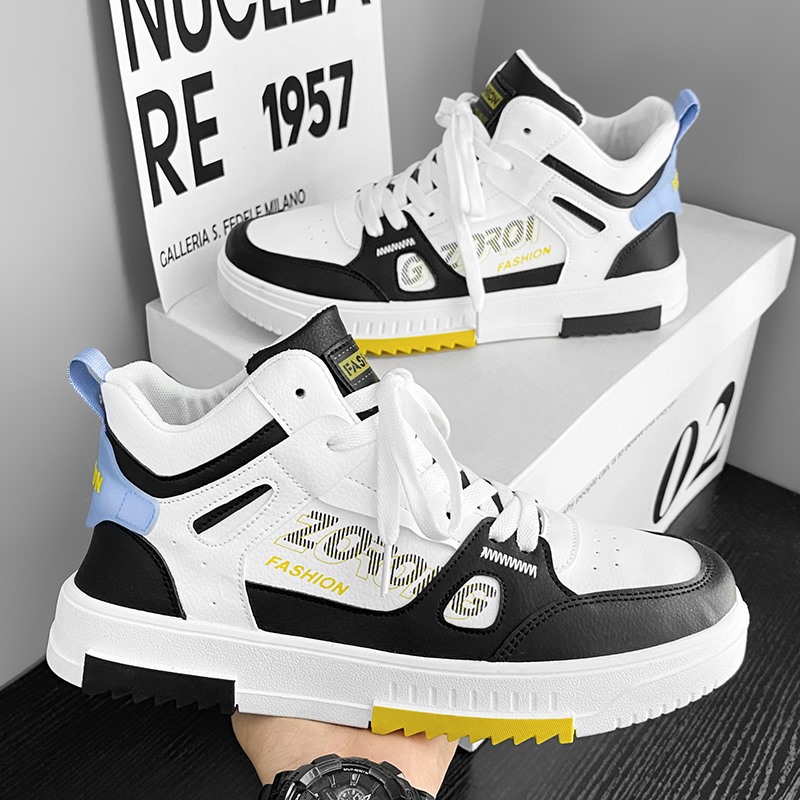 Free shipping 2025 casual shoes men sports shoes two tone fashionable high top shoes with thick soles comfort