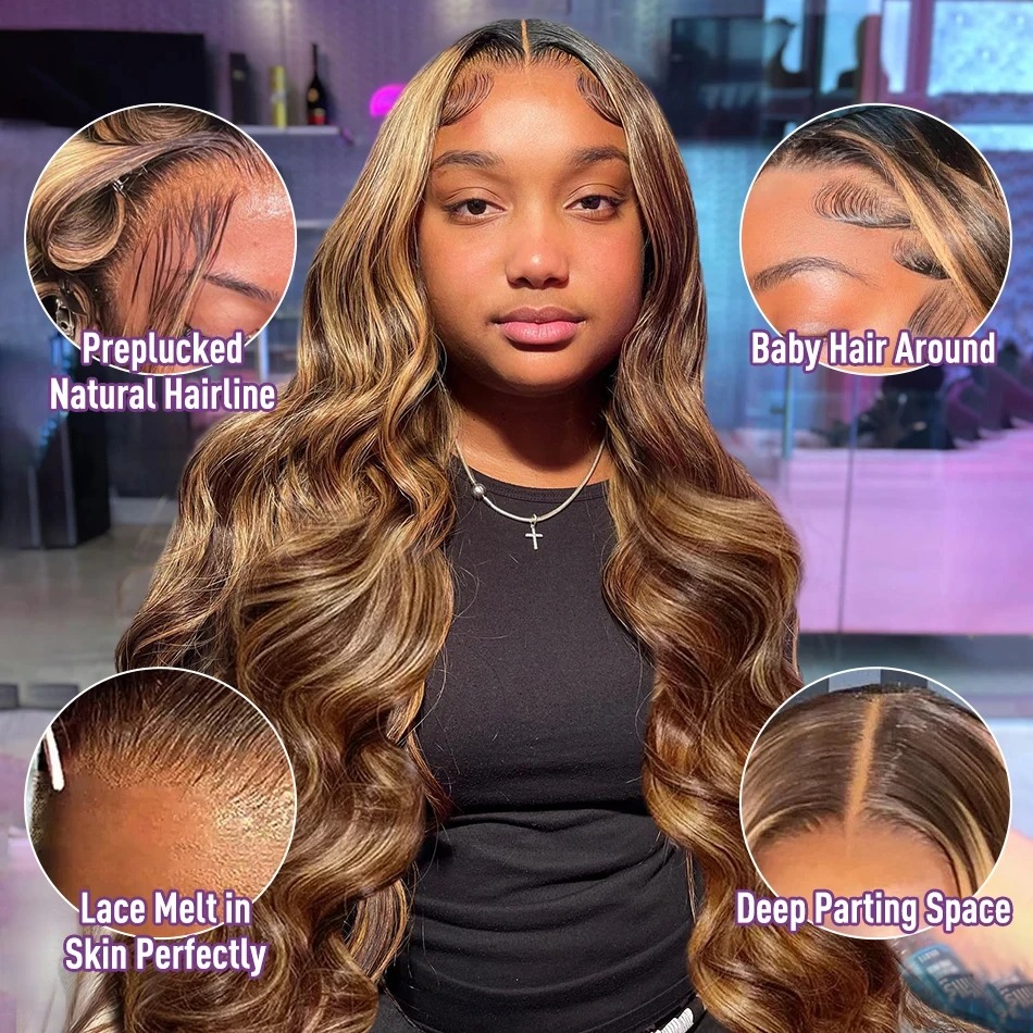 13x6 Hd Transparent Body Wave Lace Front Wig Colored Highlight Human Hair Wigs For Women Brazilian 4/27 Blonde Pre Plucked Wigs Synthetic