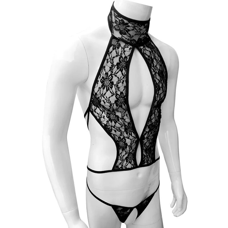 See Through Men Lace Bikini Lingerie Set Sleeveless Sissy Bra Tops with Crotchless G-string Thong Underwear Gay Sexy Panties 250603